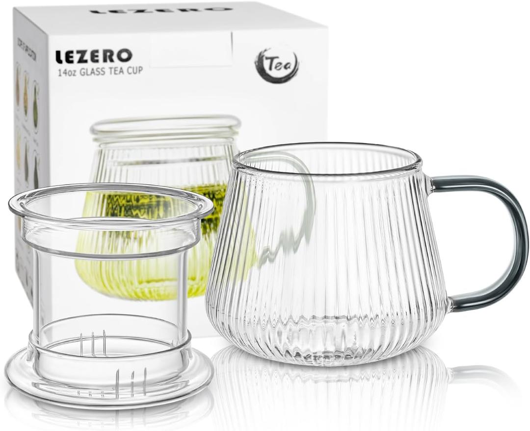 Lezero Tea Infuser Cup with Filter and Lids, Borosilicate Glass Mugs with Strainer for Blooming & Loose Leaf, Lead-free, Microwave & Dishwasher Safe, 14oz