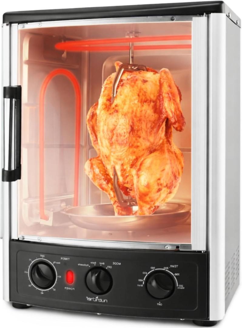 Nutrichef Vertical Countertop Oven with Rotisserie, Bake, Broil, & Kebab Rack Functions - Adjustable Settings - 2 Shelves - 1500W - Thanksgiving Turkey - Includes Grill, Kebab skewer racks & bake pan, 13.4'' X 12.2'' X 18.9'' -Inches