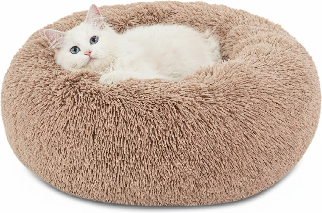 Bedsure Calming Dog Bed for Small Dogs - Donut Washable Small Puppy Bed, 23 inches Anti-Slip Round Fluffy Plush Faux Fur Large Cat Bed, Fits up to 25 lbs Pets, Camel