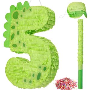 Poen 16 Inch Dinosaur Piata Number 1 2 3 4 5 6 7 8 9 for Kids Birthday Party Cute Dino Piata with Blindfold Stick and Confetti for Boys Girls Dinosaur Birthday Animal Theme Baby Shower Decor(5)