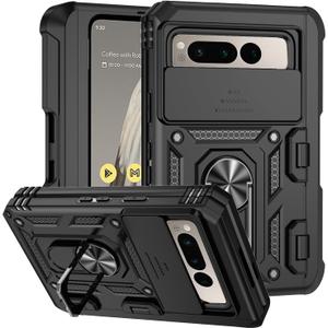 Phone Case for Google Pixel Fold with Ring Holder Kickstand Black, Camera Lens Protector Slide Cover for Google Pixel Fold Case Shockproof Heavy Duty Cool with Holster (Black)