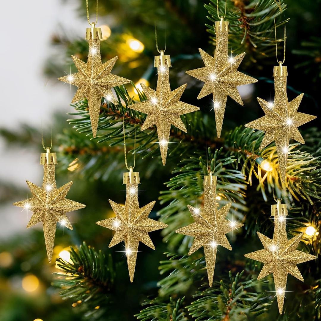 16 Pcs Glitter Bethlehem Star Ornament for Christmas Tree 4.72 x 2.95 Inch Star of Bethlehem Xmas Tree Topper Ornament Plastic Nativity Stars Hanging Decor Accessories (Gold)