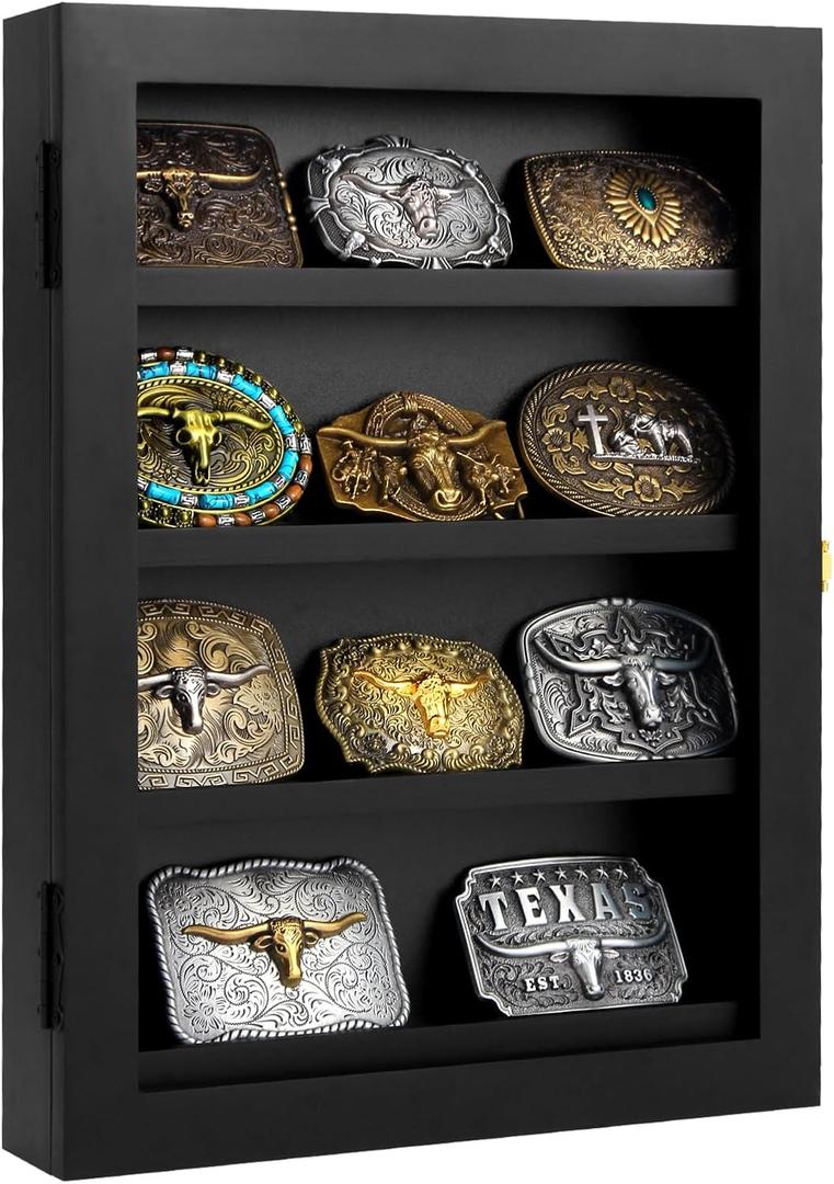3" Belt Buckle Display Case 1612 Black Shadow Box with Glass Door Wall-Mounted Belt Buckle Holder & Display Frame for Collectibles Home Decor Picture Frame (For Belt Buckles Under 3" in Height Only)