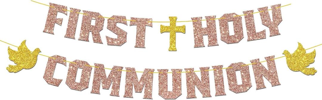First Holy Communion Banner God Bless Decorations Baptism Bunting Garland Religious Christening 1st Birthday Baby Shower Party Decorations for Boys Kids - Blue Glitter