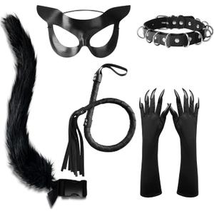 Black Cat Woman Mask Costume Accessories Masquerade Mask Set Halloween Cosplay Outfits for Women with Choker Gloves 5Pcs