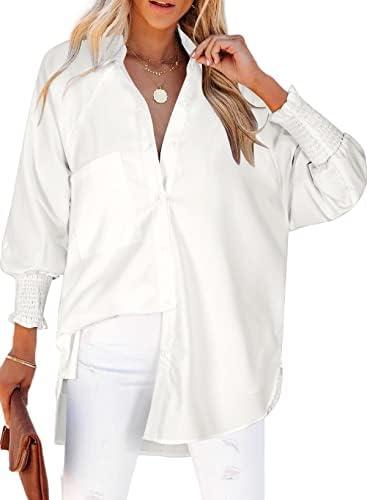 Womens Smocked Cuffed Striped Boyfriend Shirt Casual Collar Long Sleeve Oversized Button Down Blouse Tops with Pocket Shirred size M, White