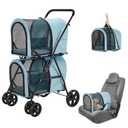 Double Pet Stroller for Dogs and Cats with 2 Detachable Carrier, Quick-Folding Dog Stroller for Medium Small Dogs Cats, 4 Wheels, Light Blue