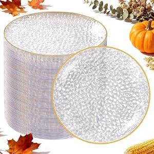 Rubtlamp 100 Pack Plastic Clear Gold Dessert Plates, 6Inch Small Appetizer Plates With Hammered, Heavy Duty Disposable Salad Plate, Elegant Cake Platos for Wedding Reception, Birthday, Teatime