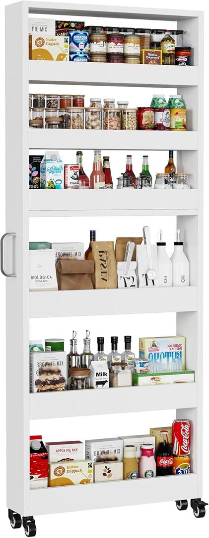 Slim Storage Cart, Lightweight 6 Tier Metal Rolling Utility Kitchen Cart on Wheels, Mobile Storage Shelving Unit Organizer for Bathroom Laundry Office Narrow Places (White, 6" D)