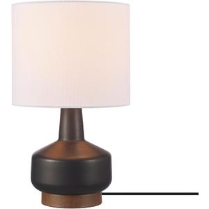 Globe Electric 15" Ceramic Table Lamp, Matte Black Base, Wood-Toned Accent, White Linen Shade, Dual Rotary Switch, Modern Bedroom or Office Lighting, 61000046