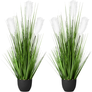 2 Pack 34" Artificial Greenery Floor Plants with Reed Flowers, Tall Fake Plant Potted, Faux Pampas Grass Silk Plants for House Decorations, Lobby, Bathroom, Wedding, Garden Indoor Outdoor