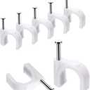 Cable Clips, 100 Pcs, 10mm, Wire Wall Clips with Steel Nails, Cable Management Organizer Clips, Cable Tacks Coax Holder Clips, RG6 RG59 CAT6 RJ45 Cable Cord Clips, White