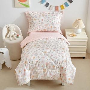 DuShow Floral 3 Piece Girls Toddler Bed Comforter Set Pink Flower Reversible Toddler Bedding Set Soft Baby Crib Bed Sheets Set in a Bag | Include Quilt Comforter,Flat Sheet,Fitted Sheet,Pillowcase