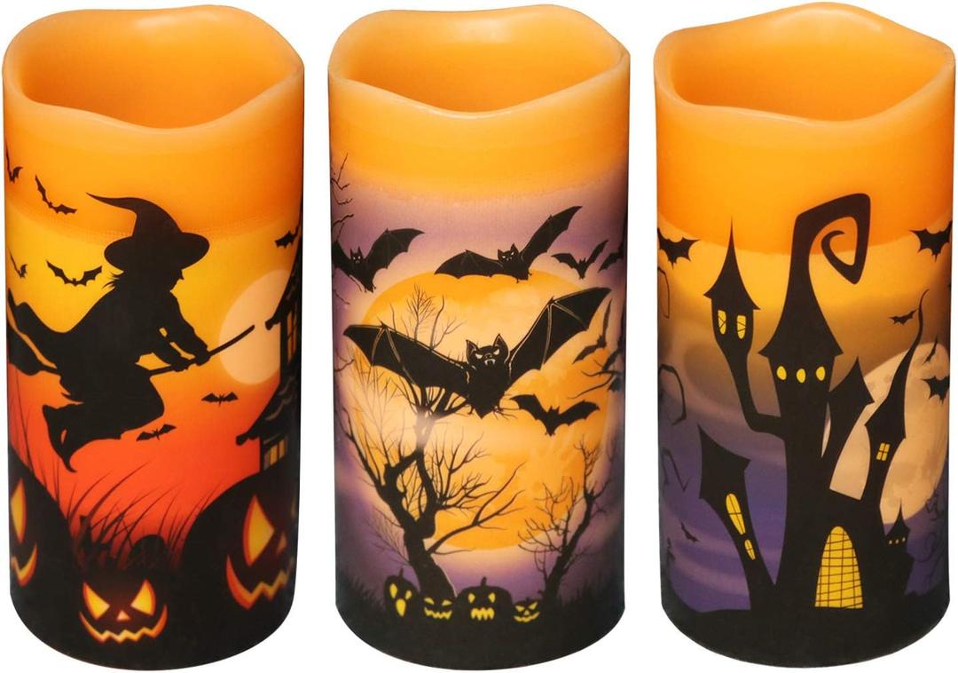 DRomance Halloween LED Flameless Pillar Candles Battery Operated with 6 Hour Timer Set of 3 Orange Wax Warm Light Flickering Witch Bats Castle Spooky Decals Halloween Decor Gifts(3 x 6 Inch)