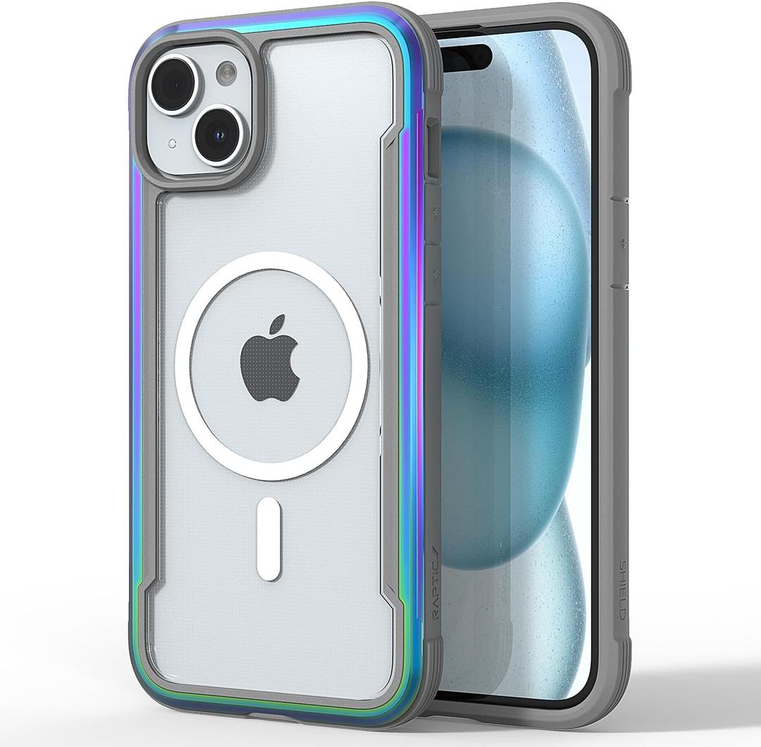 RAPTIC Shield Magnetic Clear Case for iPhone 15 Plus–Compatible with MagSafe, [ 5X Mil-Grade Drop Protection], Durable Anodized Shockproof Aluminum Frame Slim 15 Plus Case, 6.7 inch, Iridescent