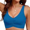 Lookbook Store Bikini Tops for Women Modest Bathing Suit Padded Adjustable Ruched Sporty Cropped Tankini Swim Top Only (Medium, Mykonos Blue)