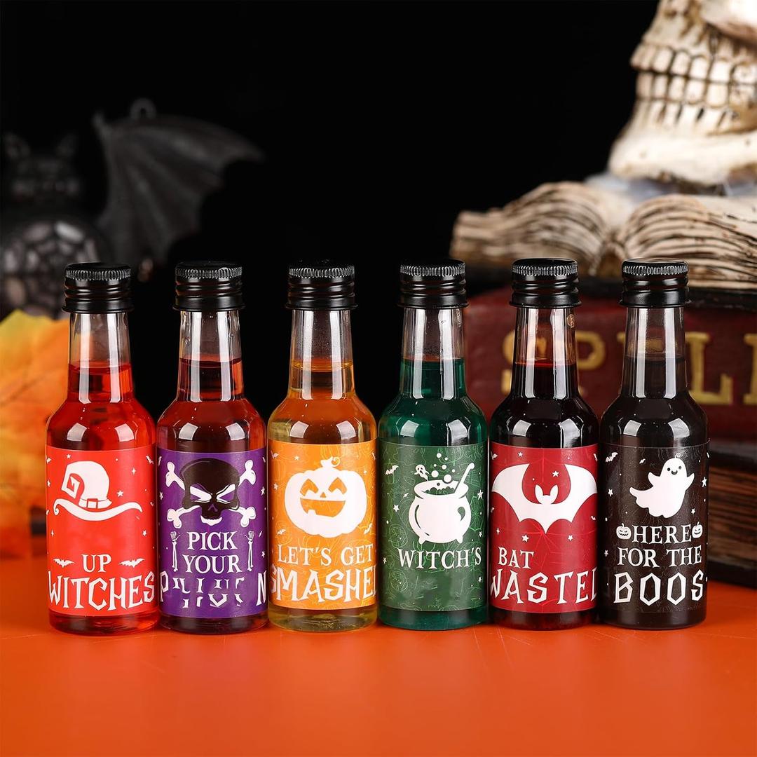 Meanplan 30 Pcs 1.7 oz Halloween Mini Beverage Bottles with Stickers and Black Caps Plastic Drink Juice Liquid Bottles with 30 Funnels for Halloween Party Favors