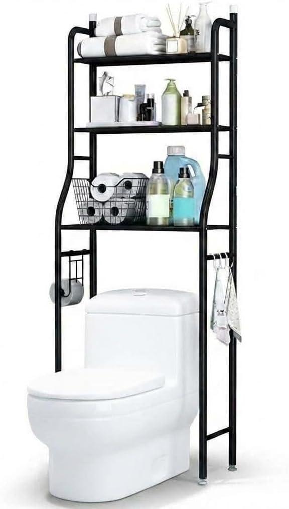 3-Tier Over The Toilet Storage, Metal Bathroom Shelve, Over Toilet Organizer Storage Rack, with Paper & Towel Holder, Space Saver Freestanding Shelf for Restroom Laundry Balcony, Black, 3-Tier Iron