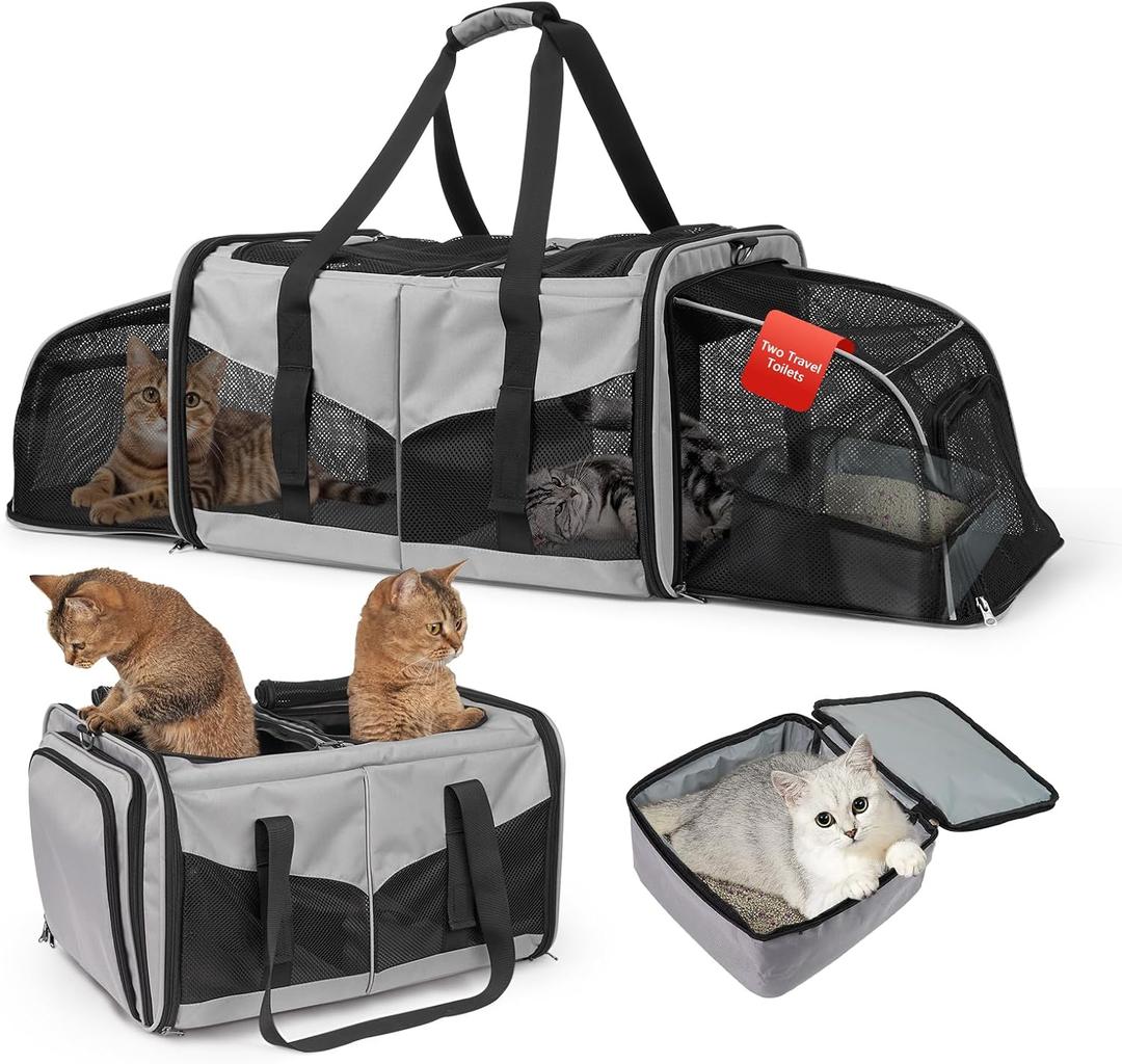 Expandable Cat Carrier for 2 Cats, Double Compartment Large Pet Carrier for Long Distance Car Travel, Includes 2 Portable Litter Boxes, Foldable Multi-Cat Travel for Road Trips & Camping, Gray