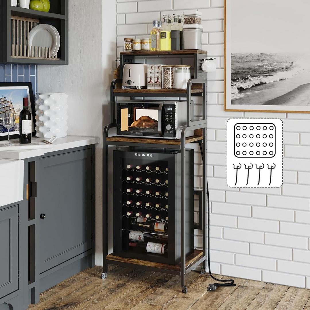 COCOLUCKY 4-Tier Mini Fridge Stand with Storage,Mini Fridge Cabinet with Power Outlet,Pegboard,Bakers Rack with Storage Shelf,Microwave Oven Stand,Mini Fridge Shelf for Dorm(Vintage Brown)