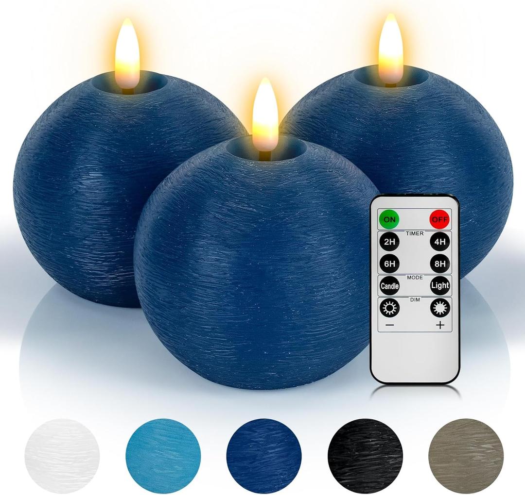 Flameless Candles with Remote, Blue Round Candles Ball LED Battery Operated Real Wax Candles Warm Light 3D Wick Flickering for Home Party Wedding Decor (Set of 3)