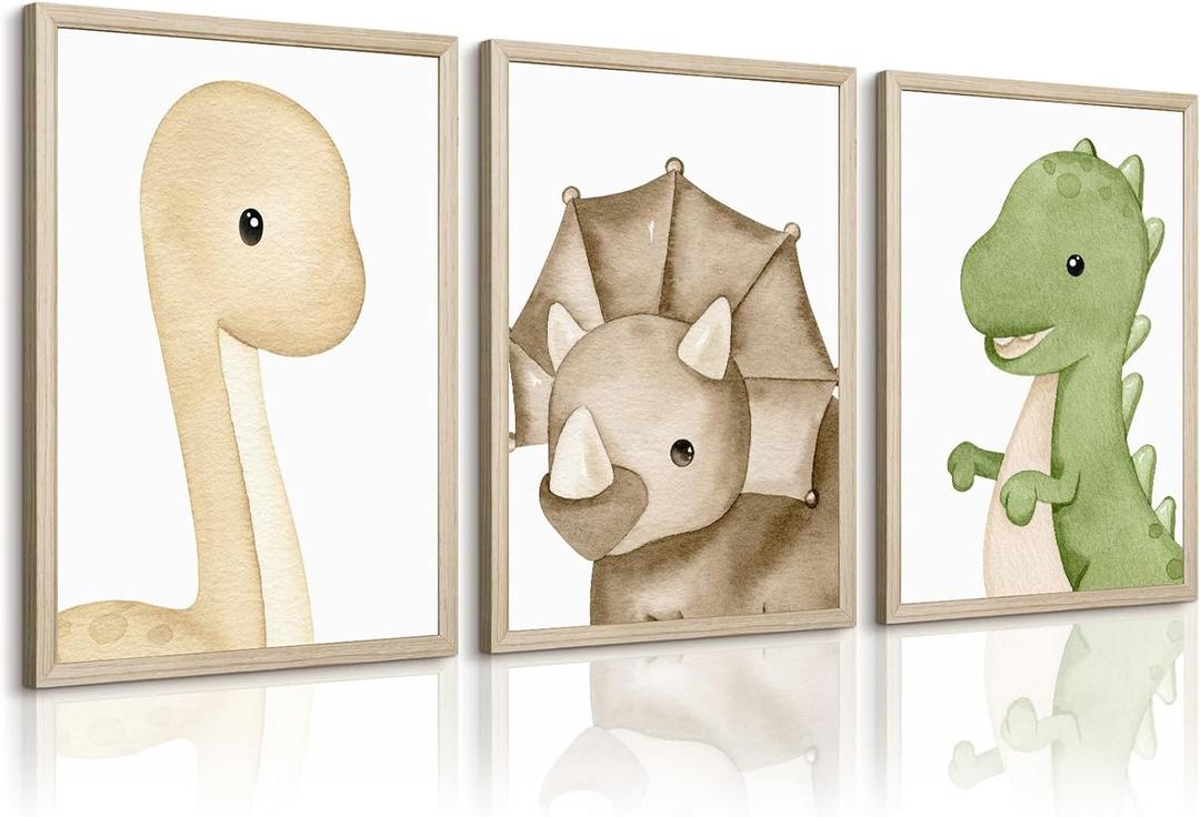 Dinosaur Wall Art Kids Boys Room Canvas Wall Decor Dino Nursery Wall Art Pictures Baby Dinosaur Poster Prints for Boys Bedroom Bathroom 12x16 Inch Wood Framed Set of 3
