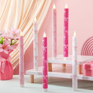 Honoson 6 Pcs Valentines Flameless Candles Glitter Bow Taper Candle 10.6 Inch Pink Coquette Candles Battery Operated LED Candlestick for Valentines Day Wedding Bridal Birthday Party Dinner Table Home