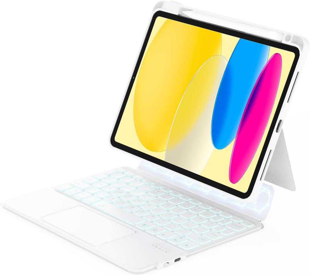 ZENLU iPad 10th 11th (A16, 2025) Generation Case with Keyboard Detachable, Rugged Protective Case with 7-Color Backlit Keyboard, Multi-Touch Trackpad, Pencil Holder, Vertical Kickstand (White)