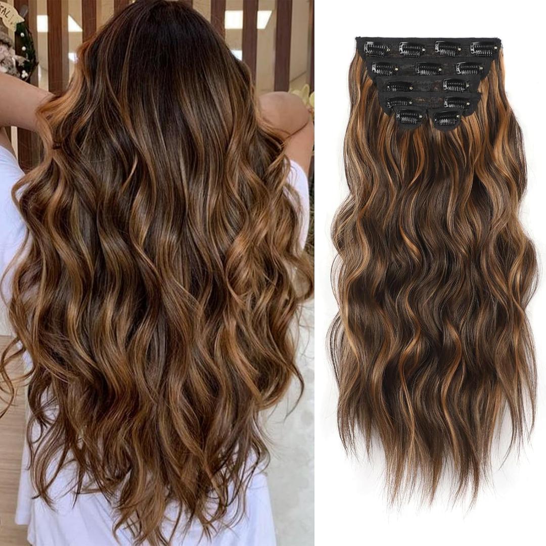 Vigorous Clip in Hair Extensions 20Inch Hair Extensions Clip Ins 6Pcs Long Wavy Synthetic Hairpieces for Women (Caraamel Brown & Dark Roasted Coffee)