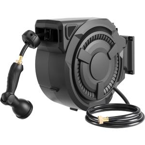 Hose Reel 1/2 in x 100 ft, 180 Swivel Wall-Mounted Garden Hose Reel, Hose Reels for Outside Lock at Any Length, Slow Return System Retractable Hose, Water Hose Reel with 10-Pattern Nozzle, Black