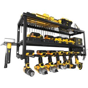 Power Tool Organizer Wall Mount, Heavy Duty 7 Slots Cordless Drill Holder and Battery Shelf, Metal Tool Storage Rack with Charging Station for Garage Organization (Large)