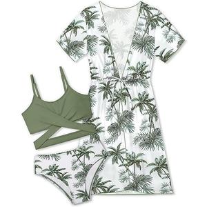 Girls Swimsuit 3 Piece Tropical Print Bikini Set Criss Cross Bathing Suit with Drawstring Quick Dry Cover Up 11-12Y Green Palm Tree