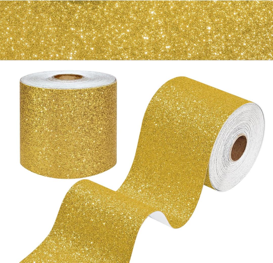 WESTICK 394" x 4" Gold Glitter Wallpaper Peel and Stick Yellow Bulletin Board Border Self Adhesive Border Stickers Gold Glitter Contact Paper for School ClassroomHome Home Office Blackboard DIY Crafts