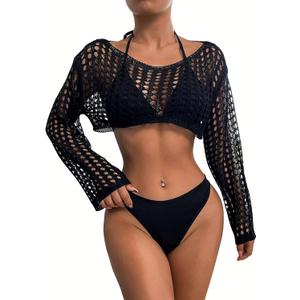Milumia Women's Crochet Long Sleeve Cover Up Crop Top Sheer Bikini Coverups Black, Small