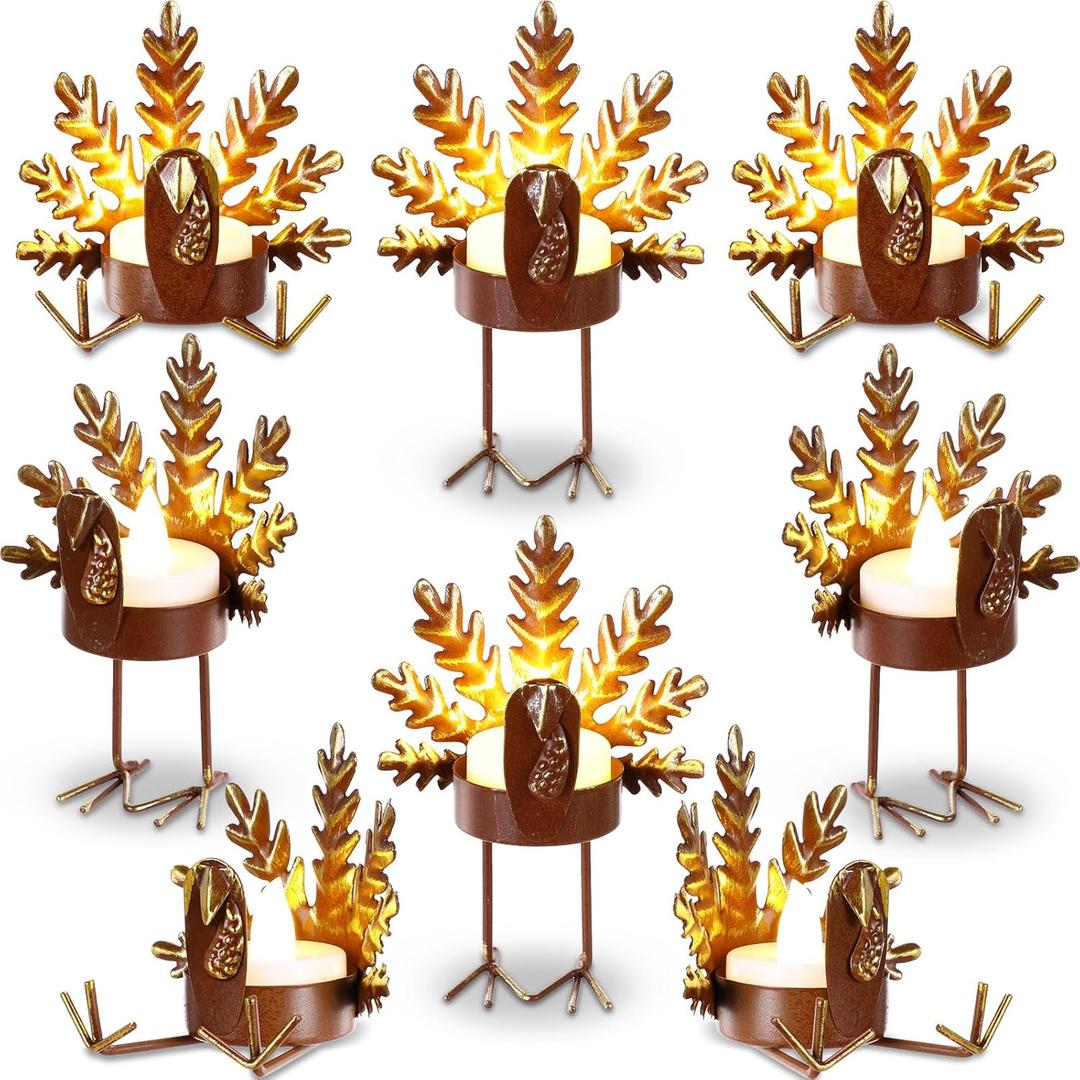Meanplan 16 Pcs 8 Sets 2-in-1 Turkey Candle Holder Set Turkey Tealight Metal Votive Candle Holders Thanksgiving Table Centerpiece Sitting Standing Turkeys Candlesticks for Home Table Mantle Decor