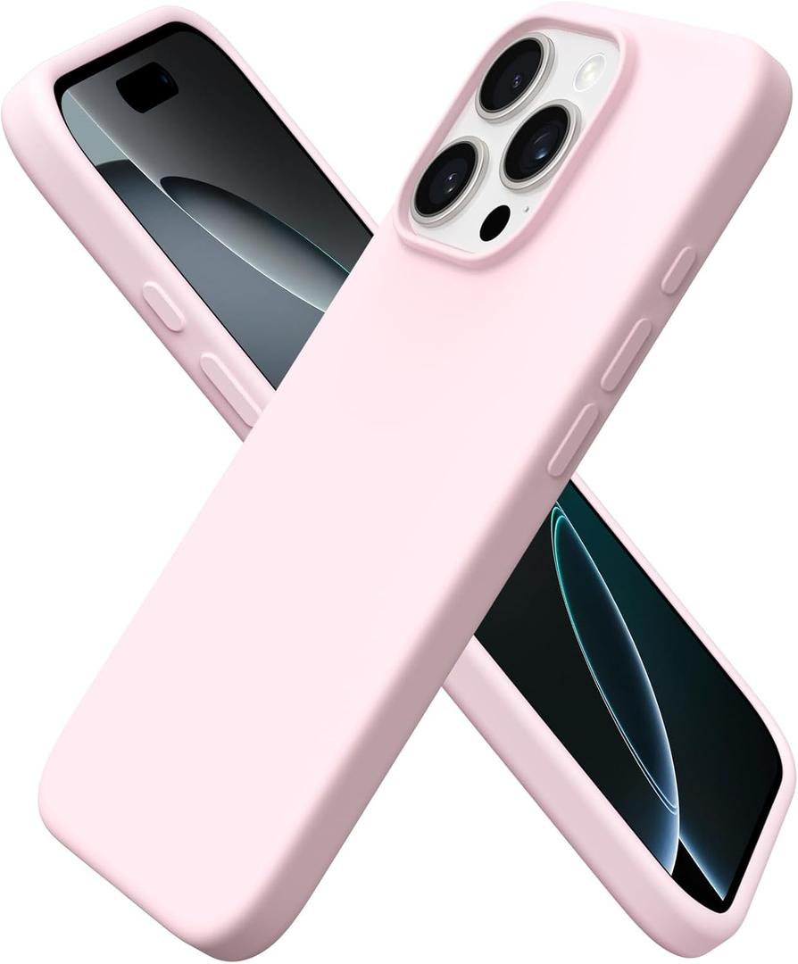 ORNARTO Compatible with iPhone 16 Pro Case 6.3", Slim Liquid Silicone 3 Layers Soft Gel Rubber Shockproof Protective Cover with Anti-Scratch Microfiber Lining-Chalk Pink