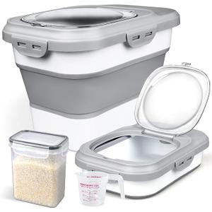 Rice Storage Container, Collapsible Airtight Food Storage Containers with Clear Lid and Wheels, Rice Dispenser with Scoop for Flour Cereal Pasta Grain, Cat Pet Bird Dog Food Storage Container