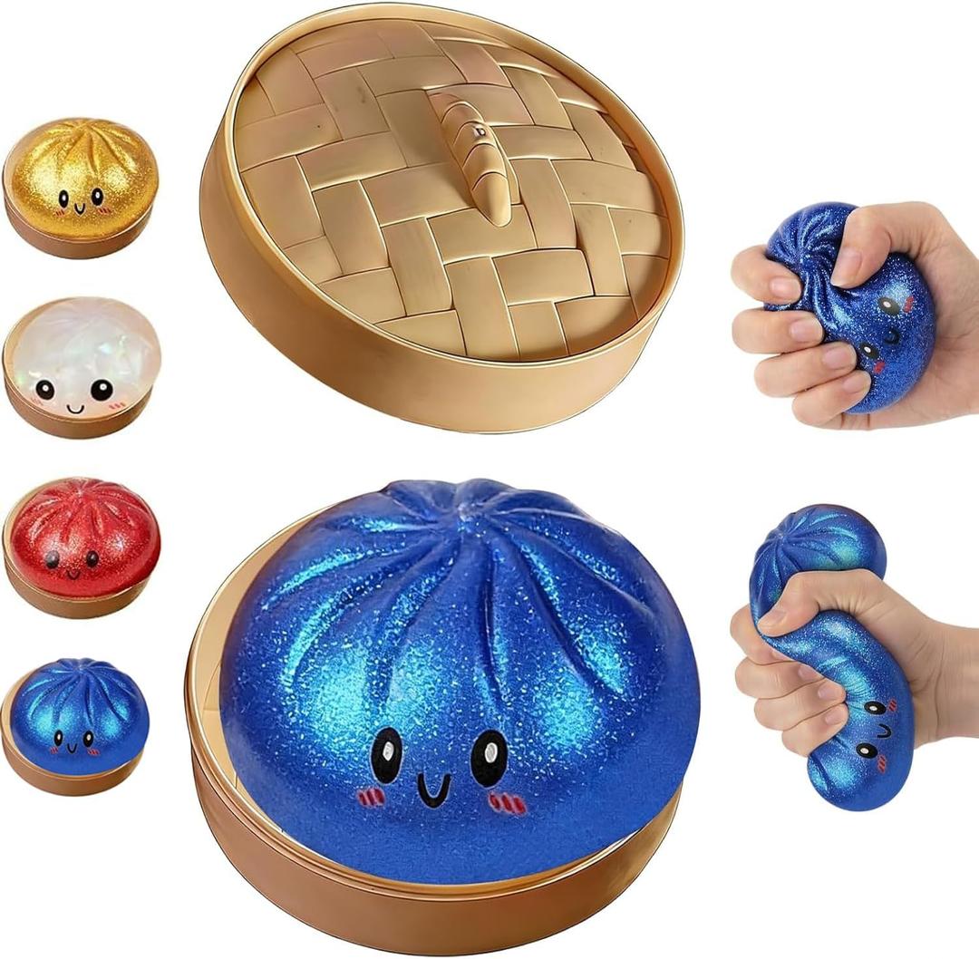 Glitter Dumpling Squishy Box, Dumpling Squishies, Sensory Squeeze Toy for Stress Relief, Soft Decompression Dough for Adults Office and Home Use (Blue Emoji bun)