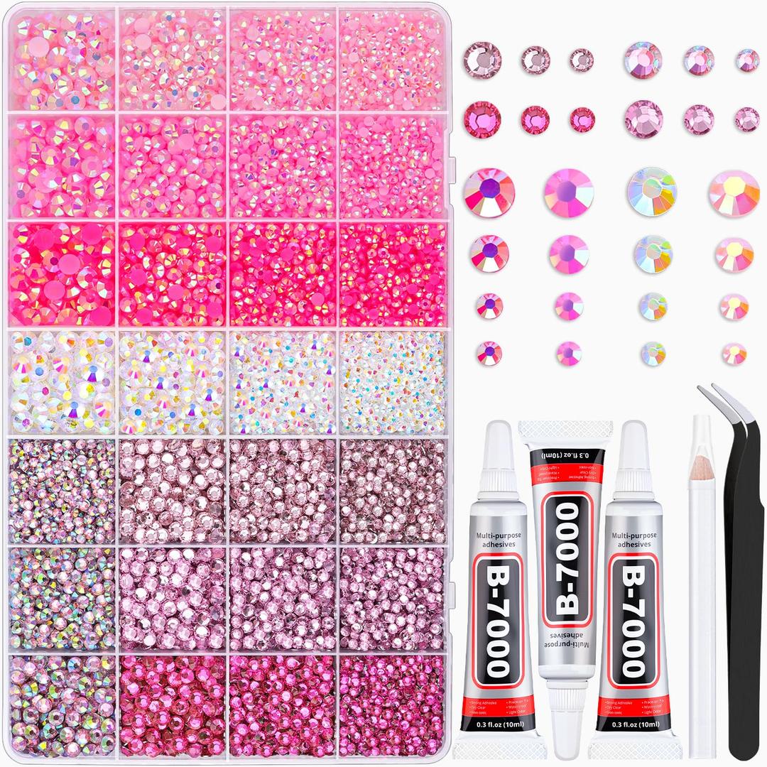 20000Pcs Pink Rhinestones for Bedazzling Kit with 3Pcs B7000 Jewelry Glue, Resin Rhinestones for Crafting CraftsBedazzler Kit Flatback Gems for Clothing Shoes Tumblers Nail Art