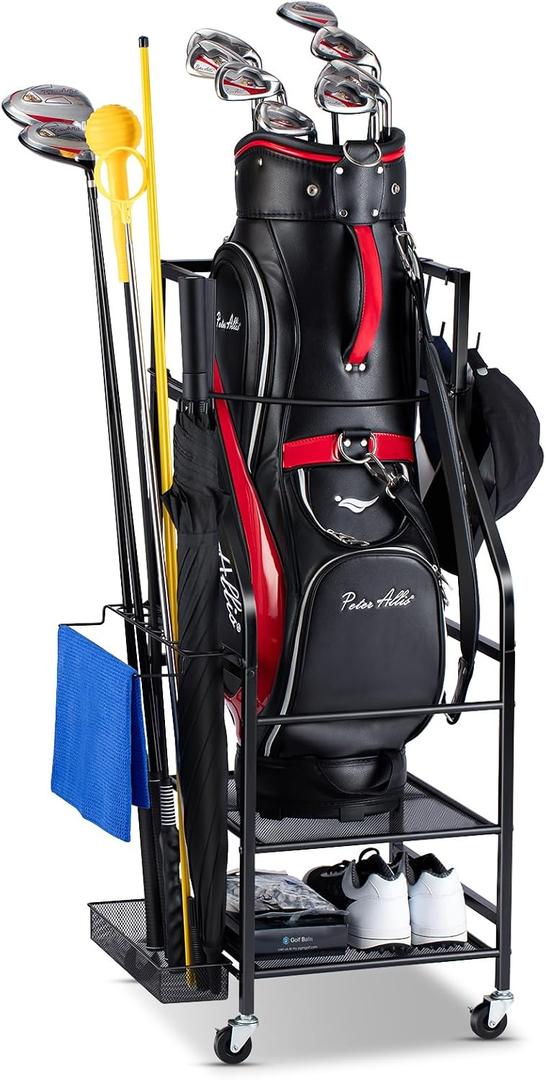 FHXZH Golf Bags Storage Garage Organizer - Golf Bag Stand Fit Single Golf Bags, Golf Clubs, and Golf Equipment Accessories, Golf Bag Storage Rack with Wheels for Garage, Club, Shed, Basement