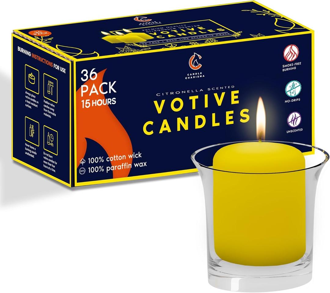 Candle Charisma Citronella Scented Votive Candles - 15 Hour Burn time - Set of 36 for Dinner, Wedding, Halloween and Holiday Decorations - 10 Boxes