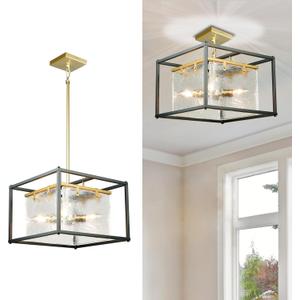 IKK Modern Semi Flush Mount Close to Ceiling Light for Dining Rooms, Black L15 Elegant Textured Glass Chandeliers, Farmhouse Chandelier Light Fixture for Kitchen Island, Living Room, Foyer. E12*4.