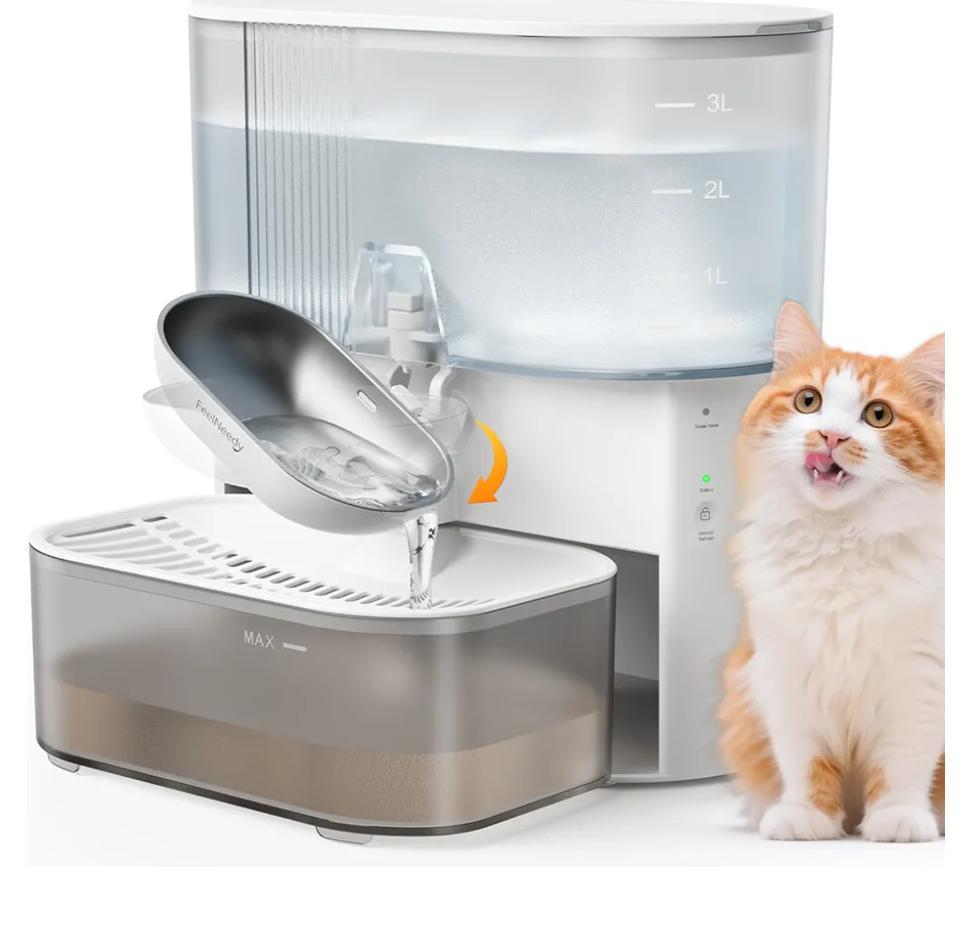 Wireless Cat Water Fountain No Filters, Wastewater Separation, FEELNEEDY Stainless Steel Bowl, 3.5L Pet Water Fountain for Cats & Dogs Dispenser, White