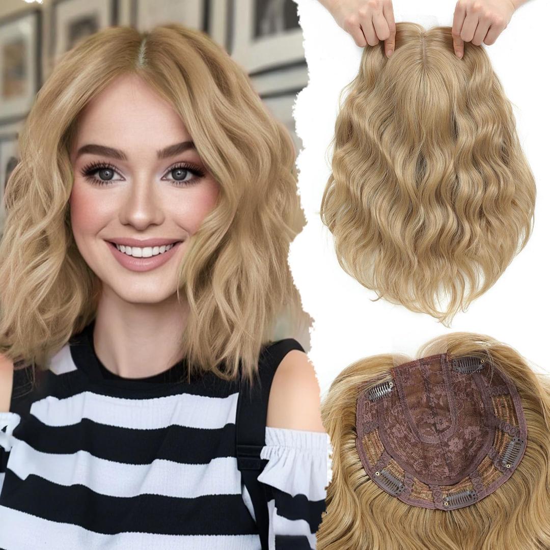 UDU Short Wavy Hair Topper for Women with Thinning Hair, 11 Inch Natural Looking Hairpiece, Volume Booster Wiglet for Coverage, Heat Resistant Synthetic Topper for Women (Golden Blonde)