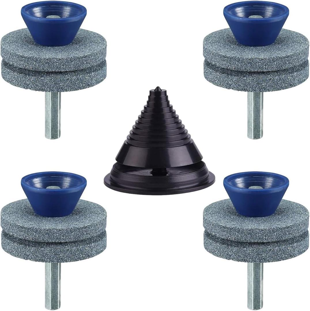 4 Packs Lawn Mower Blade Sharpener, Double Layer Sharpener Universal Sharp Rotary Lawn Mower Blade Sharpener with Blade Balancer Corundum Blade Sharpeners for Hand Drill
