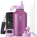 Coolflask Half Gallon Water Bottle Insulated with Straw & 3 Lids, 64 oz Water Jug Large Metal Stainless Steel Wide Mouth for Sports, Gym or Office, Non-BPA Keep Cold 48H Hot 24H, Glitter Pink