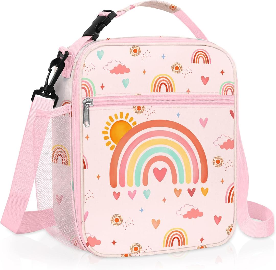 Clastyle Pink Rainbow Insulated Lunch Bag for Kids, Portable Large Thermal Cooler Lunch Bag for Girls, School Lunch Box Bag with Bottle Holder