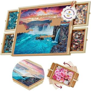 Rotating 1000 Piece Wooden Puzzle Board | 30" x 22" Puzzle Table | 4 Drawers, Protective Cover Included, Portable Jigsaw Puzzle Table for Adults and Kids