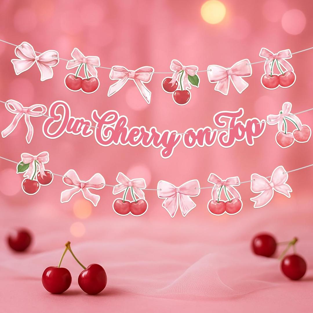 Our Cherry on Top Decorations - Pink Cherry Bow Party Garland for Birthday, First Baby Shower, and Valentines Themed Celebrations
