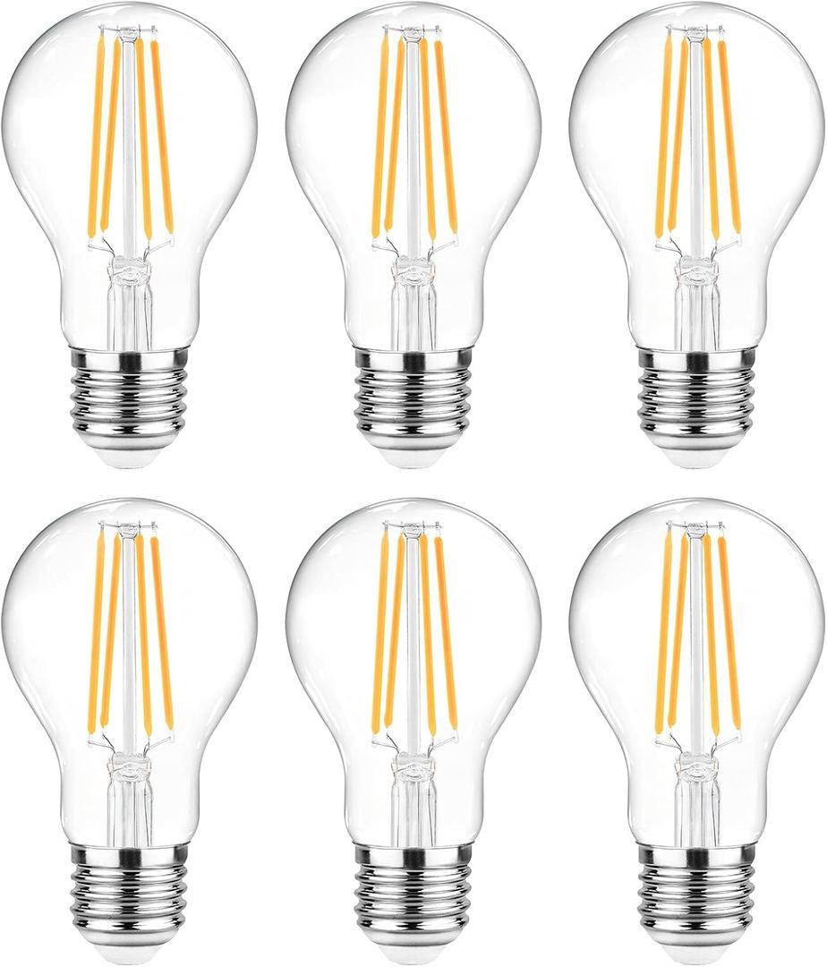 Ascher 60 Watt Equivalent, E26 LED Filament Light Bulbs, Warm White 2700K, Non-Dimmable, Classic Clear Glass, A19 LED Light Bulb with 80 CRI, Pack of 6